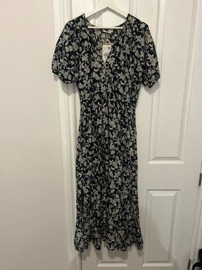 Mango Navy Maxi Dress with White Floral Print